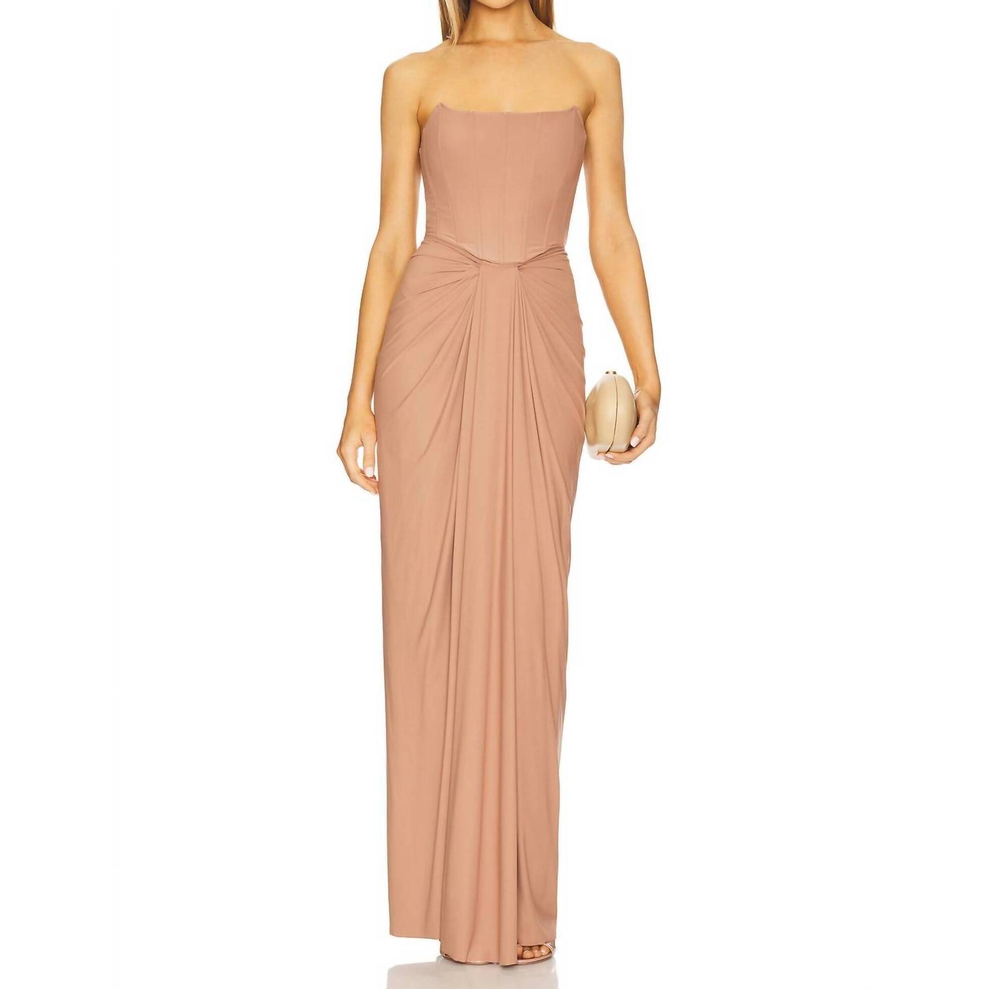 New Deme By Gabriella Pearl Strapless Maxi Gown In Brown